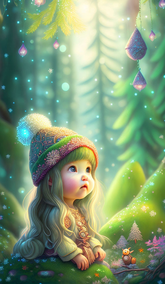 Blonde child in patterned cap admiring glowing ornaments in magical forest