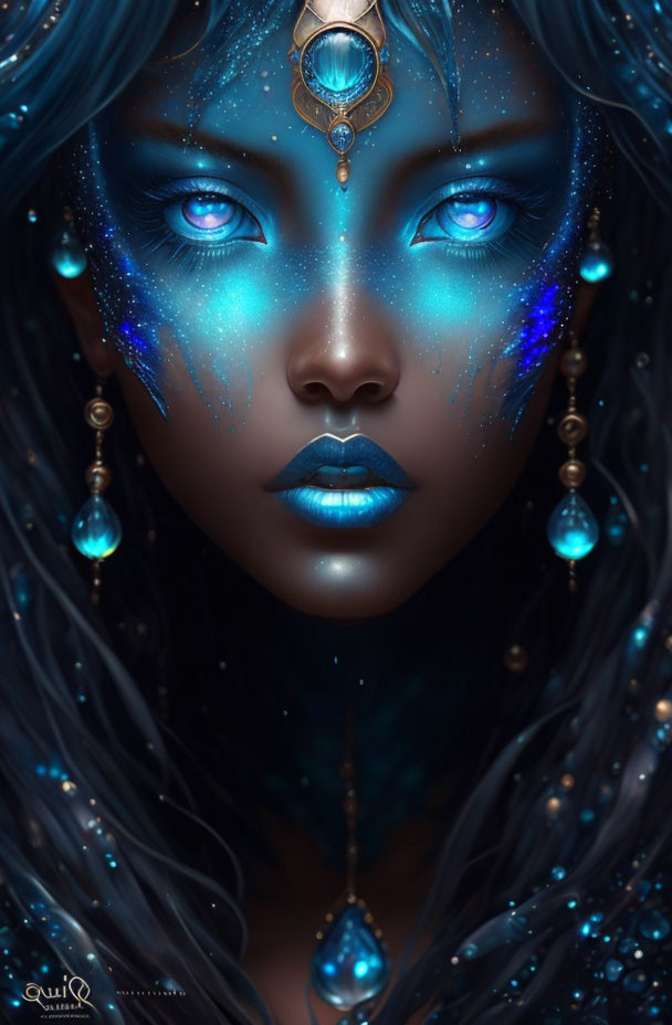 Mystical female figure with blue skin and radiant eyes in digital artwork