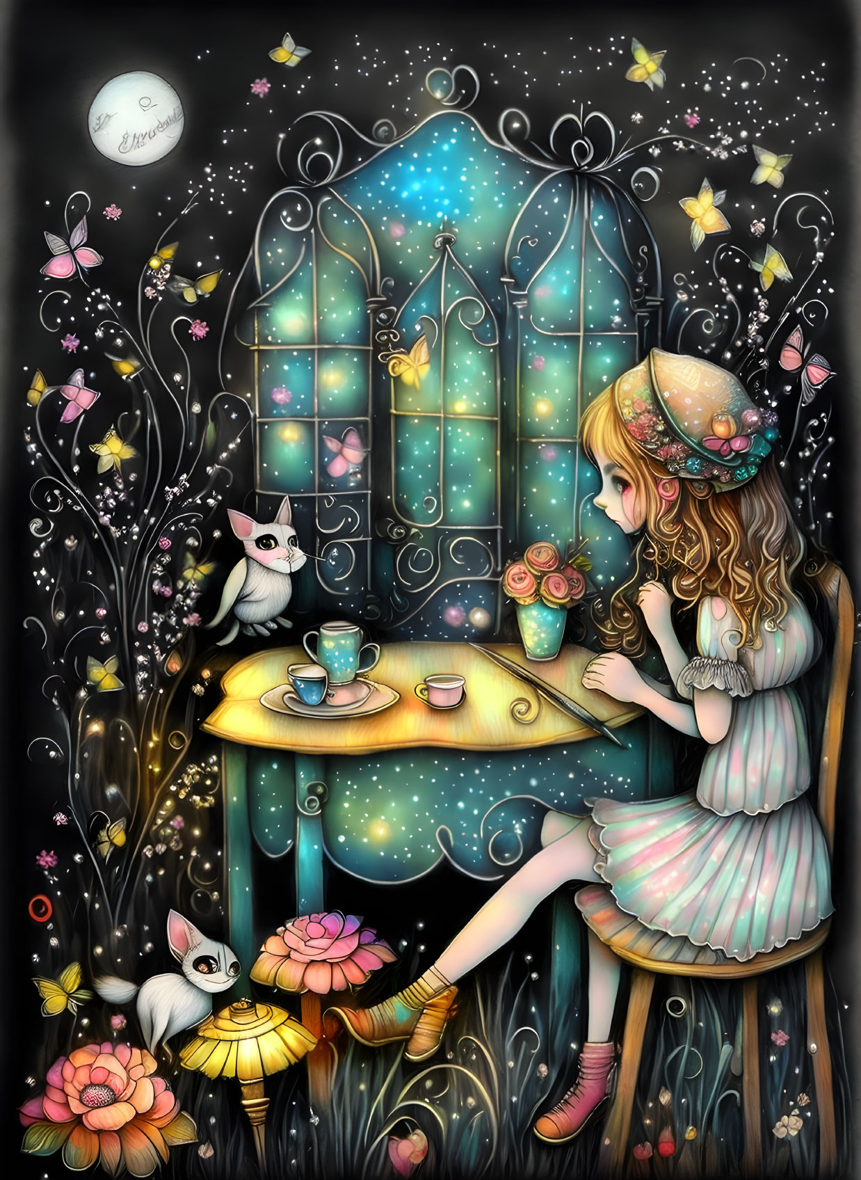 Whimsical artwork of girl, cat, and starry table in enchanted night scene