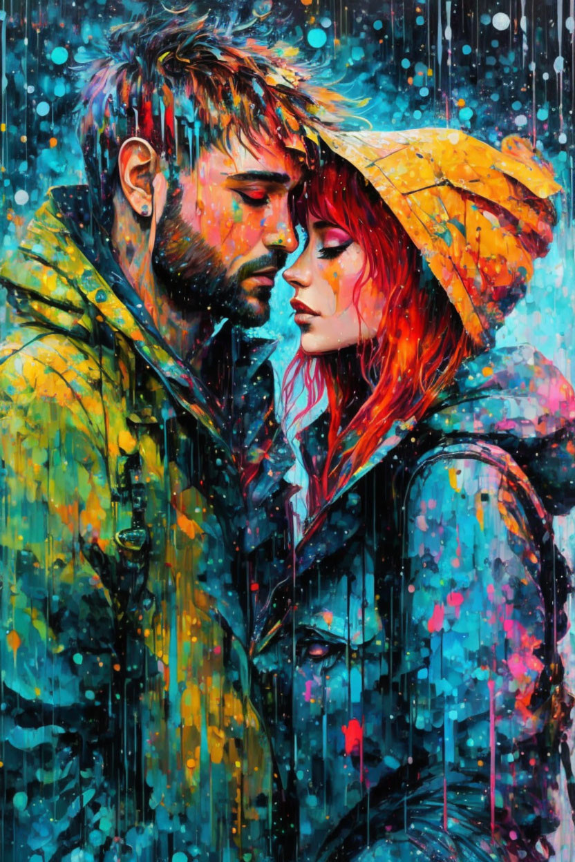 Colorful Painting of Man and Woman Embracing in Rain