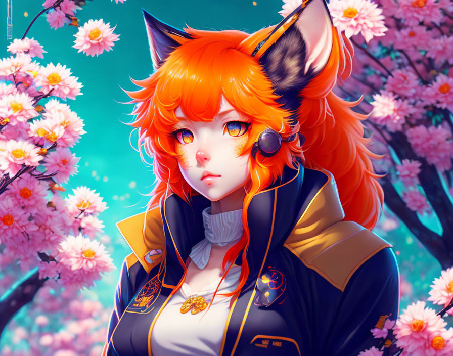 Orange-Haired Animated Character with Fox Ears in Pink Cherry Blossoms