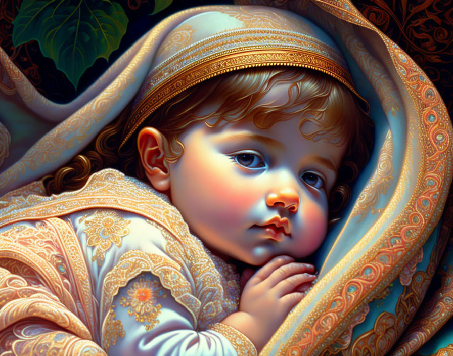 Detailed painting of serene child in ornate fabrics