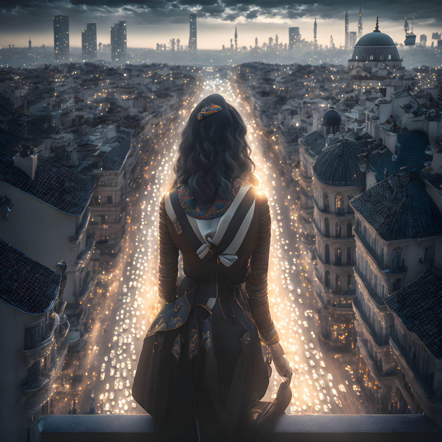 Woman on Balcony Gazes at Dusk Cityscape