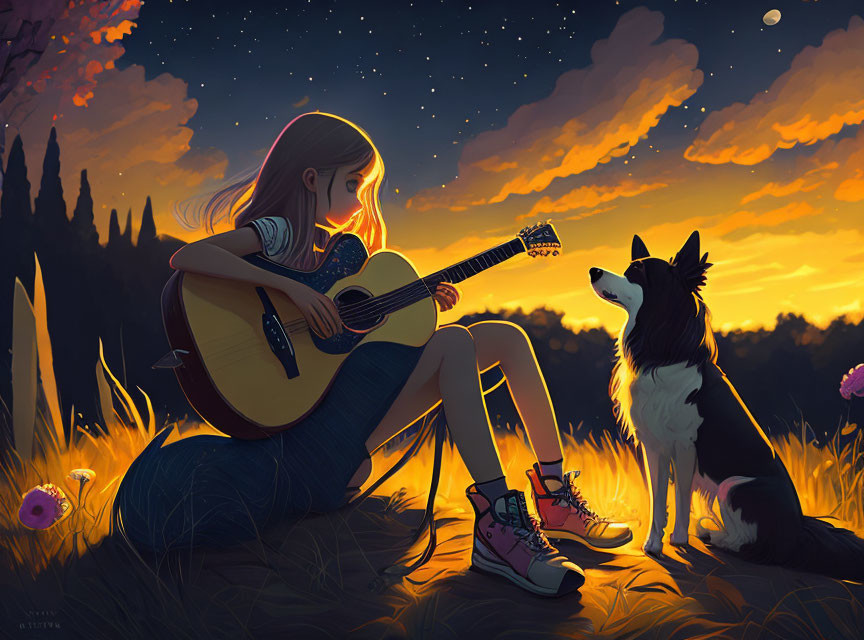 Girl playing guitar in twilight meadow with attentive dog under starry sky