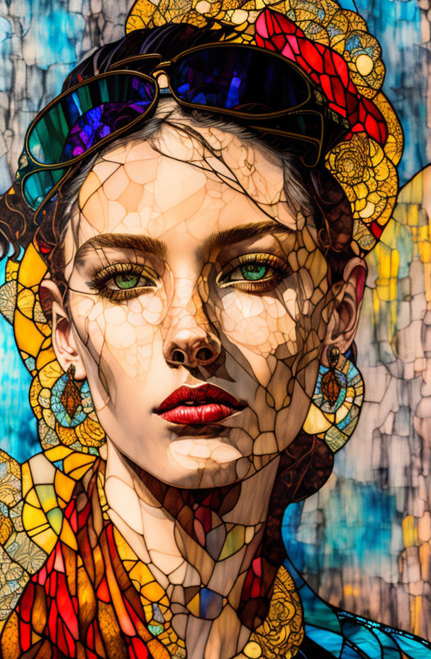 Colorful Mosaic Effect Portrait of Woman with Sunglasses