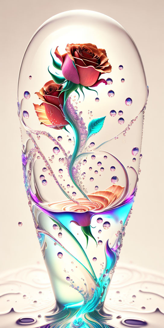 Hourglass digital artwork with liquid, bubbles, roses, and gradients.