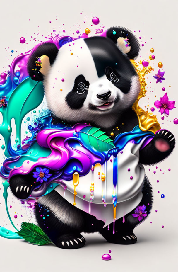 Colorful Panda Artwork with Neon Swirls & Floral Details