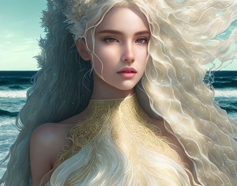 Blonde woman in ethereal attire by serene ocean