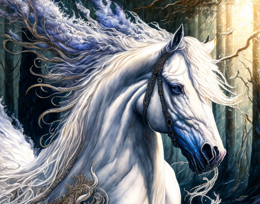 White Horse with Ornate Mane in Enchanted Forest