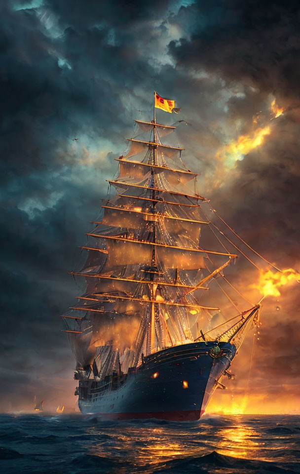 Majestic tall ship sailing under fiery sunset