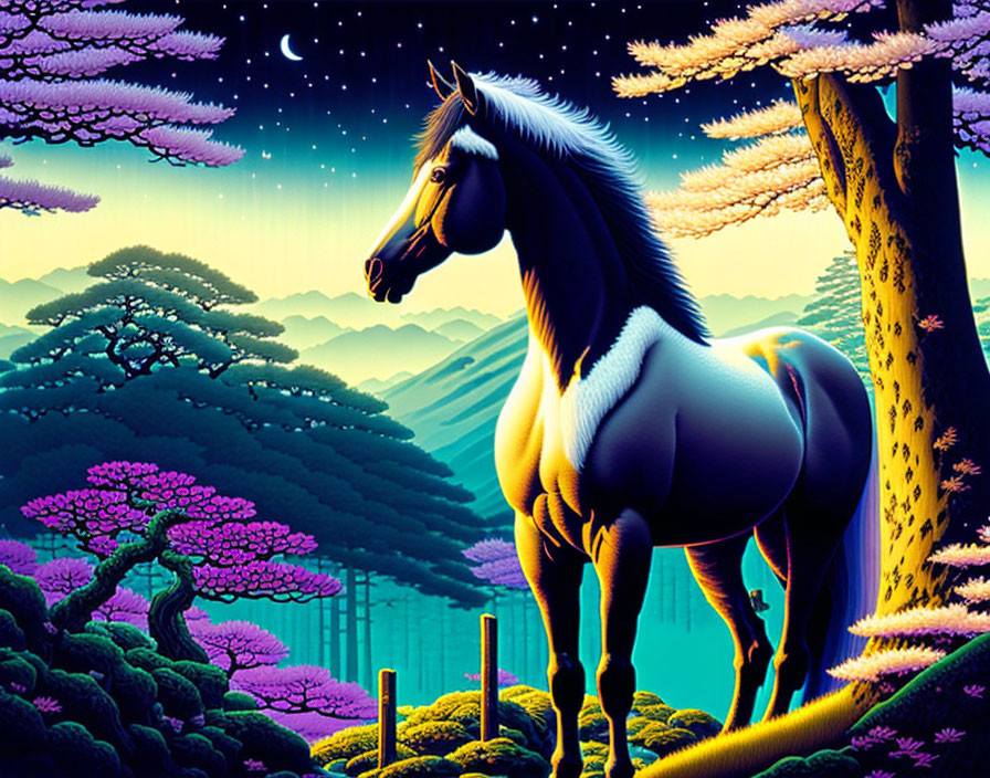 Colorful Horse Illustration in Vibrant Forest with Starry Sky