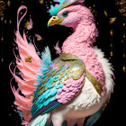 Ornate pink and turquoise bird with gold accents on black background