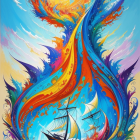 Colorful ship painting with orange and blue sails on stormy sea and dynamic sky