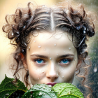 Close-up portrait of woman with green eyes, curly hair, dew drops, and leafy garment