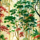 Lush Forest Painting with Bamboo, Red Trees, and Serene Pond