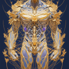 Intricate Golden Figure on Blue Background with Plant-like Details