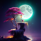 Fantasy landscape with glowing pink tree on floating island