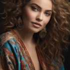 Portrait of woman with voluminous curly hair, blue eyes, gold earrings, floral top