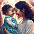 Elegant woman with smiling baby in magical setting