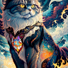 Majestic cat with starry night and moon pattern on mosaic background