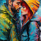 Colorful Painting of Man and Woman Embracing in Rain