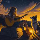 Girl playing guitar in twilight meadow with attentive dog under starry sky