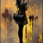 Woman standing on wet city street at night under streetlights with blurred figures.