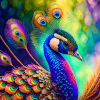 Colorful Peacock Illustration with Iridescent Tail Feathers