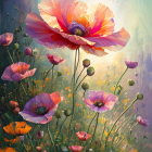 Vibrant painting of blooming poppies with dreamy backgrounds