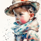 Vibrant watercolor portrait of a child in hat and coat