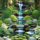 Tranquil waterfall flowing into lush pond with vibrant flora