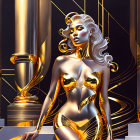 Stylized 3D illustration: Female figure in golden futuristic armor among opulent columns.