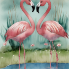 Flamingos Form Heart Shape in Watercolor Art