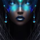 Mystical female figure with blue skin and radiant eyes in digital artwork