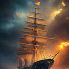 Majestic tall ship sailing under fiery sunset