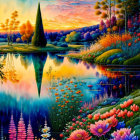 Colorful Landscape Painting: Serene Lake, Full Moon, Lush Flora