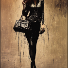 Red-haired woman in black dress walking in rain with large bag splashing water