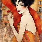 Whimsical woman illustration with Parisian street background