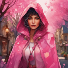 Woman in Pink Cloak Under Cherry Blossoms in Enchanted Village