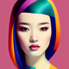 Stylized woman with blue and purple hair and vibrant makeup on pink background