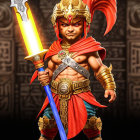 Baby in warrior armor with sword and torch in digital art