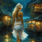 Woman in White Feathered Dress by River Facing Tranquil Village at Twilight