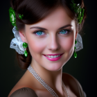 Portrait of a woman with blue eyes, green hair accessories, braided brown hair, and ruffled