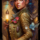 Illustrated woman with blue hair holding lantern among glowing lights, flowers, and brass gears