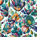 Colorful Blue and Orange Poppy Floral Pattern on White Background