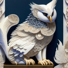 Detailed Paper Art Sculpture of Majestic White Bird with Blue and Gold Patterns