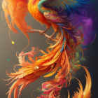Colorful digital artwork: Fantastical bird with iridescent feathers on branch