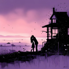 Romantic couple embracing on balcony overlooking purple cityscape at sunset