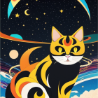 Colorful Cosmic Cat Illustration with Space Background