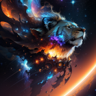 Lion profile merged with cosmic background and vibrant nebulae